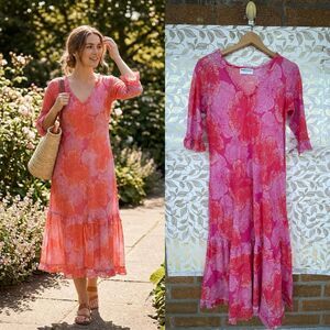 Oneseason Cotton V-Neck Ruffle Midi Dress L  Abstract Floral Beachwear